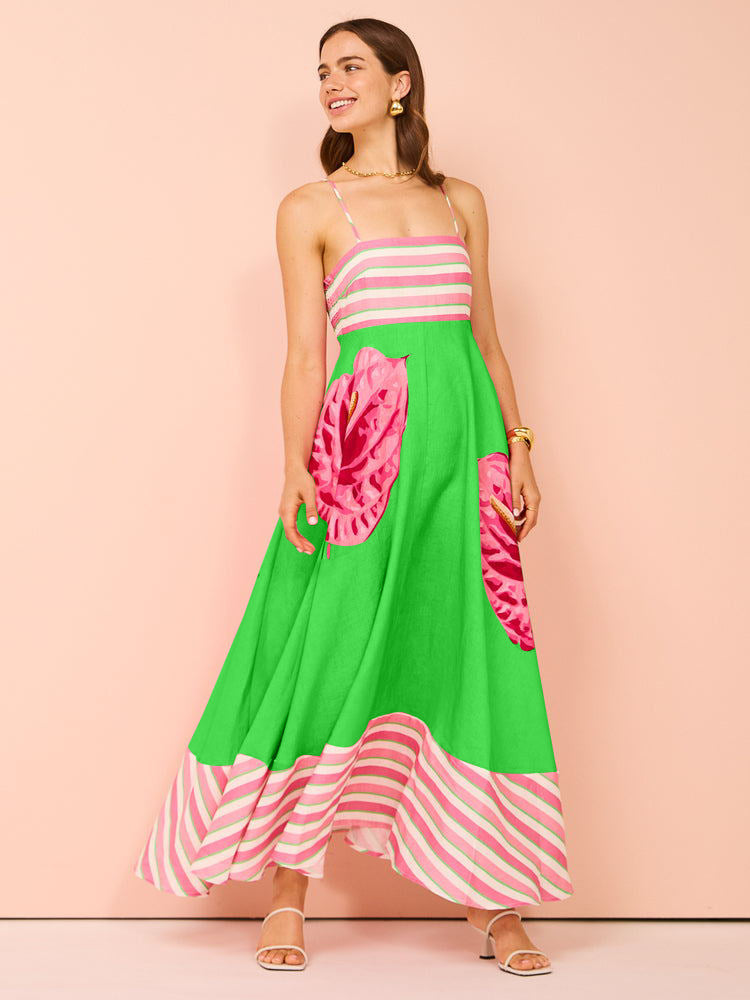 Robe midi femme – Bretelles fines – Corsage smocké – Coupe évasée fluide