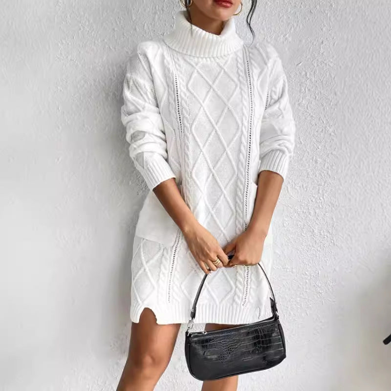 Robe pull femme – Coupe slim – Tricot torsadé – Col haut – Manches longues