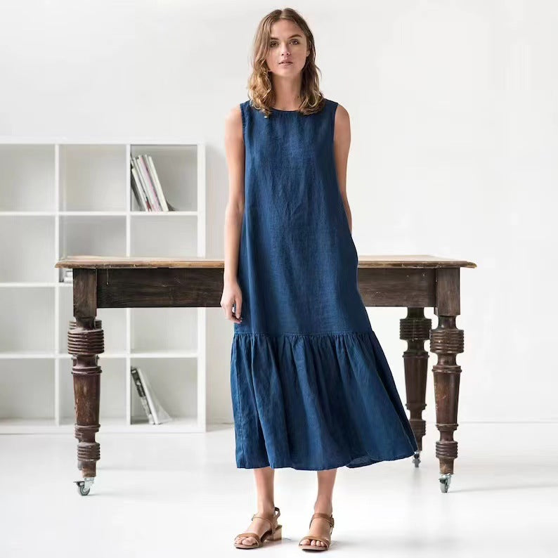 Robe midi femme sans manches – Coupe ample – Mélange de lin – Ourlet volanté