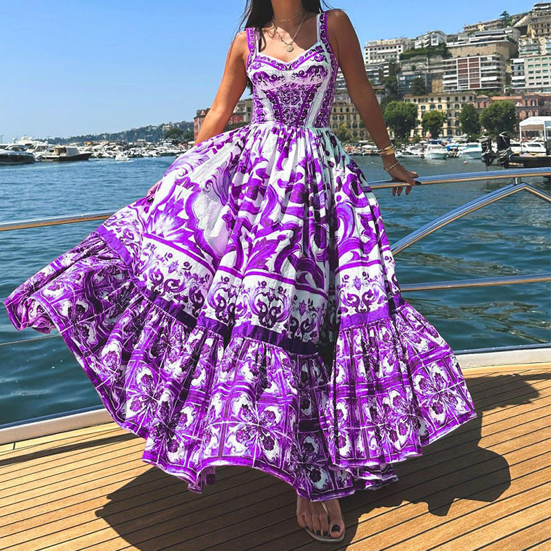 Robe Femme Longue – Bretelles Réglables – Coupe Fluide – Imprimé Élégant – Tissu Respirant