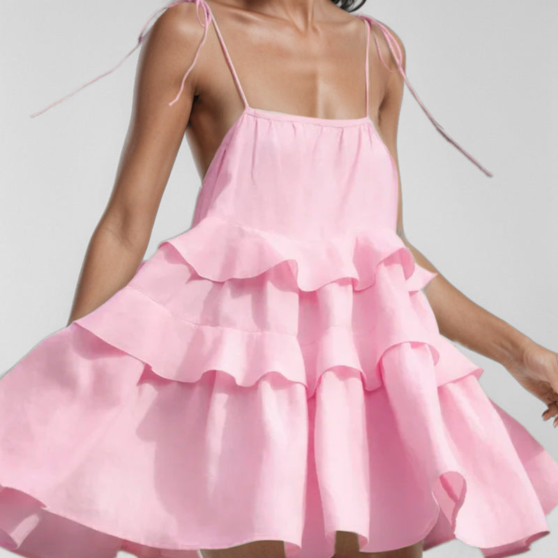 Robe mini femme – Dos nu – Bretelles fines – Coupe évasée fluide – Plis superposés