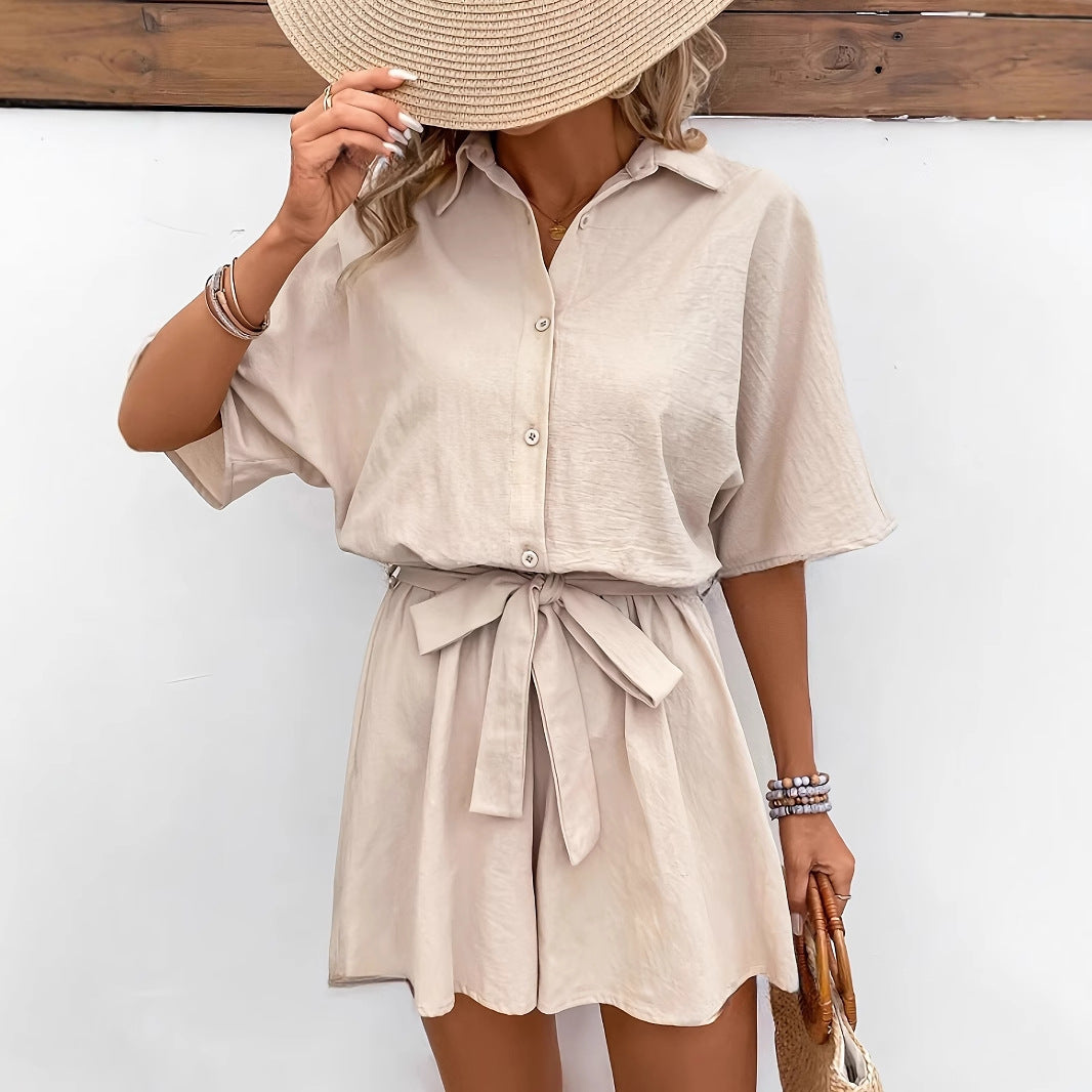 Combinaison Femme – Manches Courtes – Coton Léger – Ceinture Taille – Boutonnée