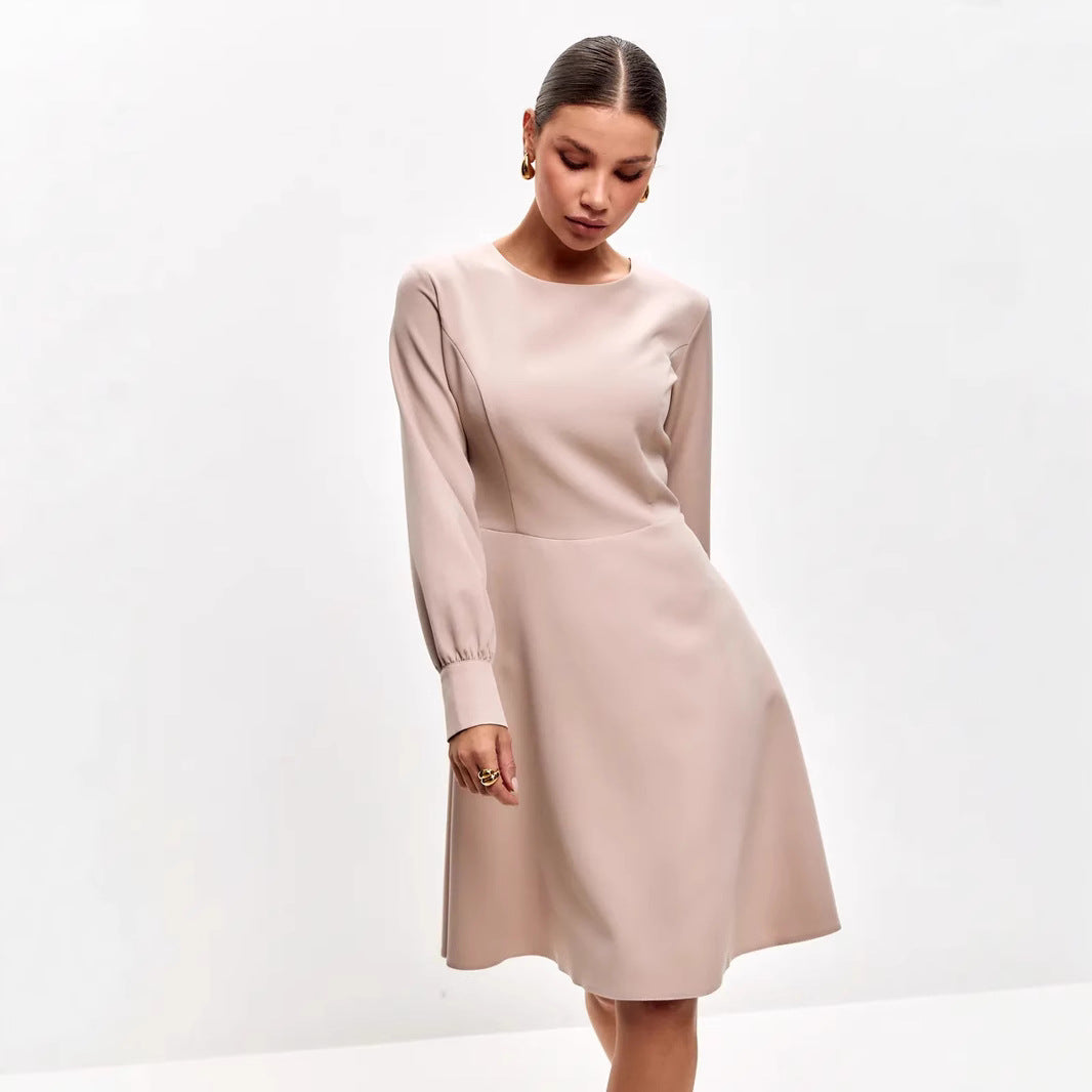Robe Midi Femme – Coupe Cintrée – Manches Longues – Ceinture à Nouer – Élégante