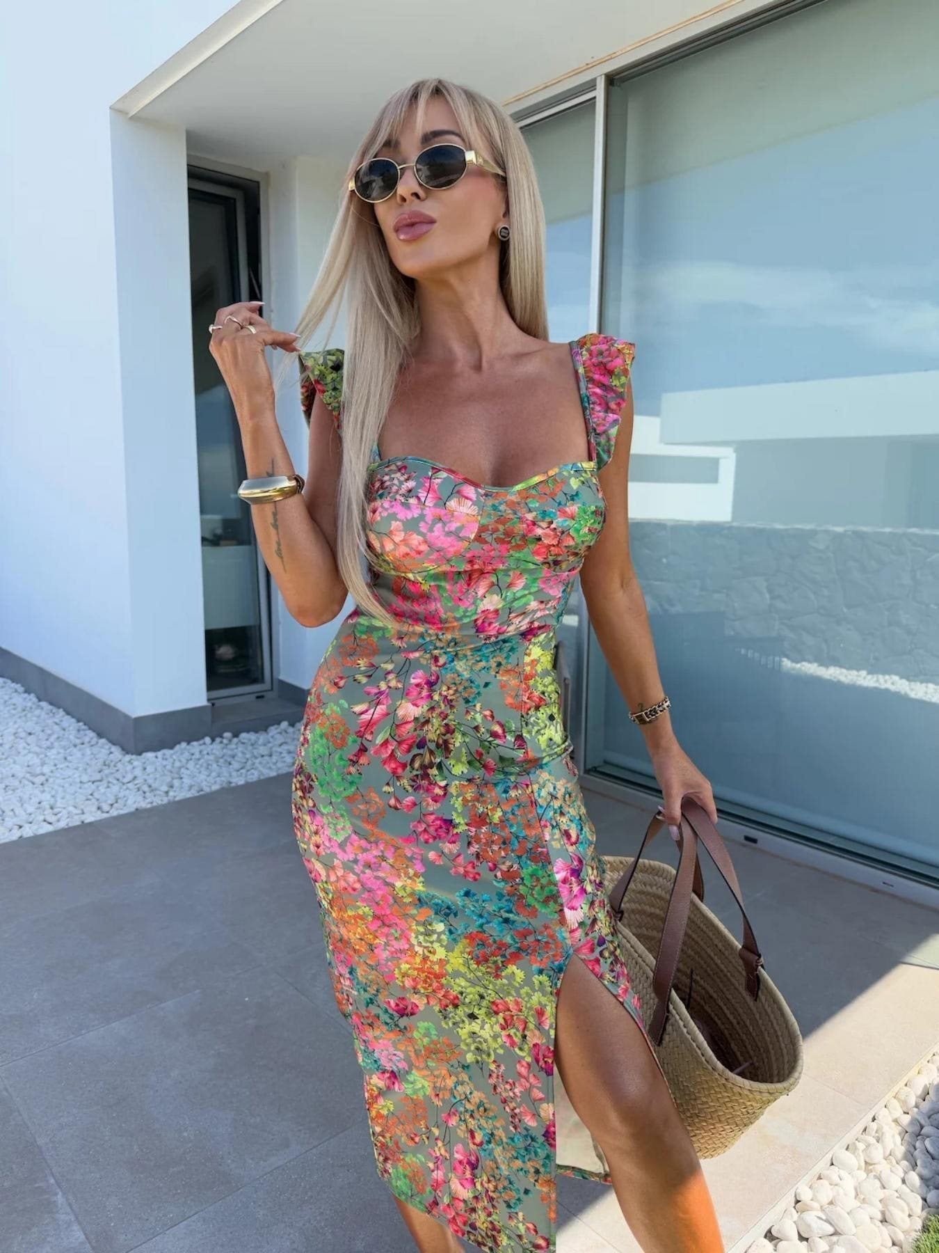 Robe midi femme – Coupe slim – Imprimé floral – Bretelles à volants – Fente latérale – Tissu respirant