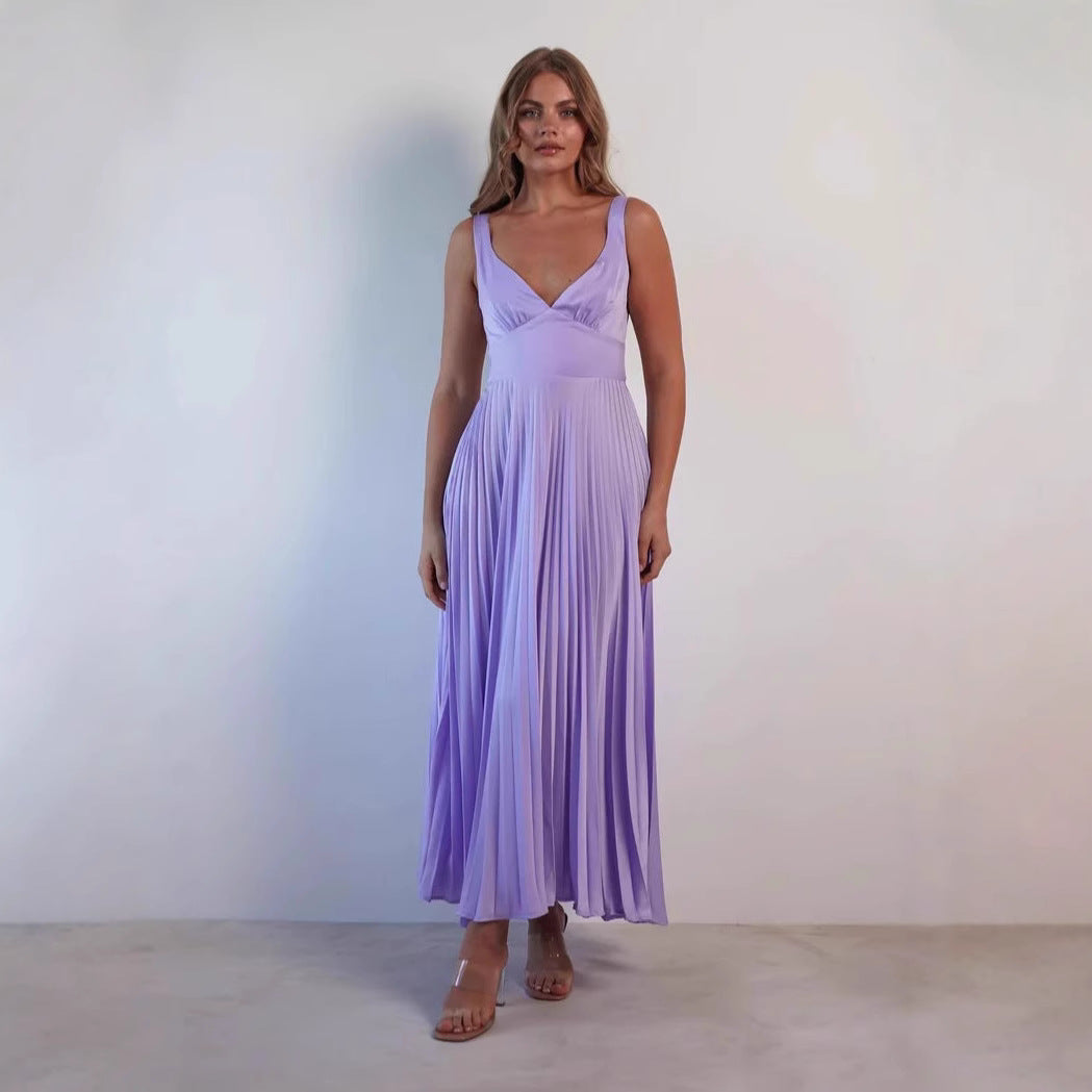 Robe midi femme – Satin fluide – Décolleté en V – Plissée – Bretelles fines