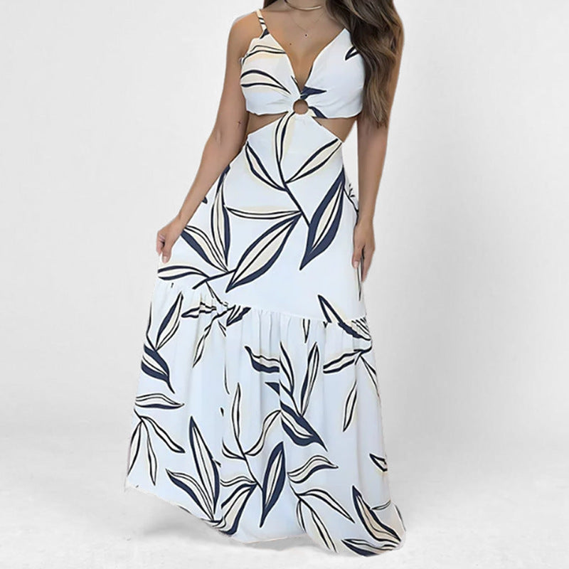 Robe longue femme – Col halter – Taille ajourée – Jupe évasée à volants – Imprimé audacieux