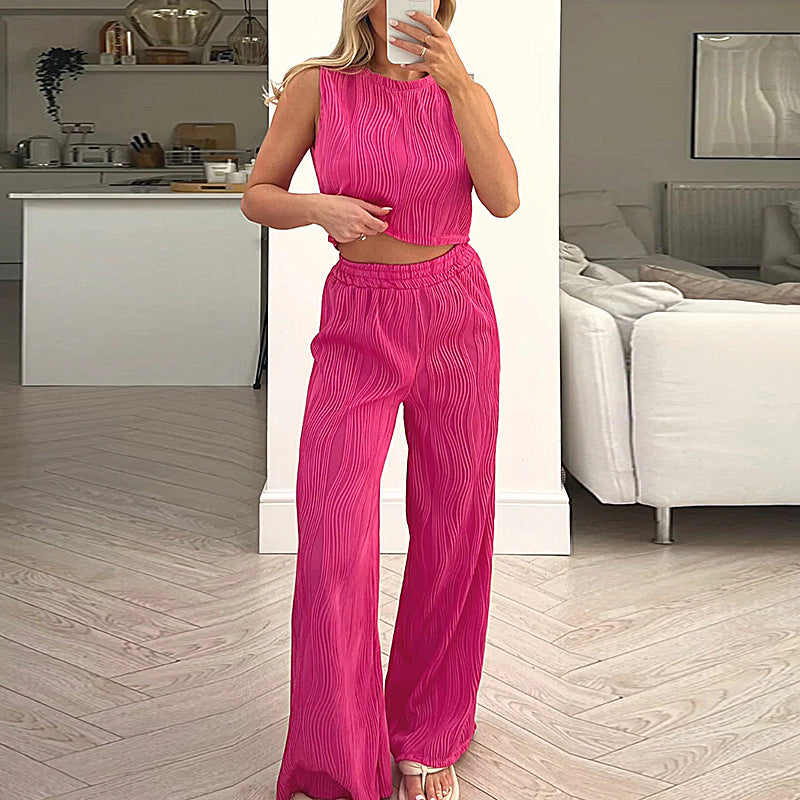 Ensemble Femme Deux Pièces – Top Court Sans Manches Ajusté – Pantalon Taille Haute Coupe Droite
