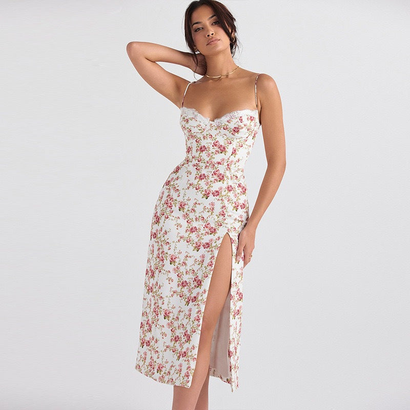 Robe midi femme – Coupe ajustée – Bretelles fines – Fente latérale – Imprimé fleuri