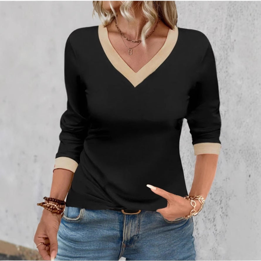 T-shirt femme col V – Maille douce – Coupe décontractée – Manches 3/4 – Finition épurée
