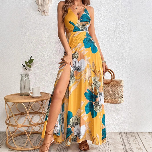 Robe longue femme – Imprimé floral tropical – Décolleté plongeant – Fente haute