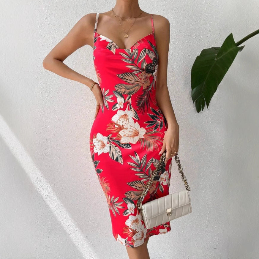 Robe midi femme – Coupe ajustée – Bretelles fines – Col rond – Fente latérale – Imprimé fleuri