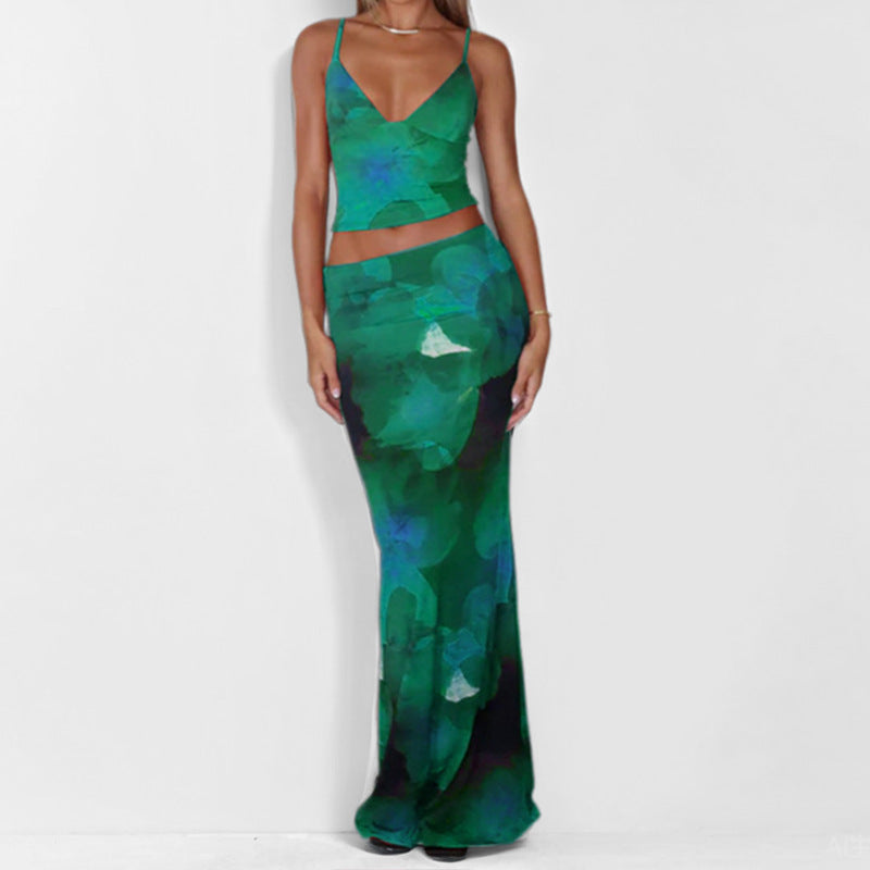 Ensemble Femme Gilet et Jupe Longue – Coupe Ajustée – Bretelles Fines – Tissu Léger