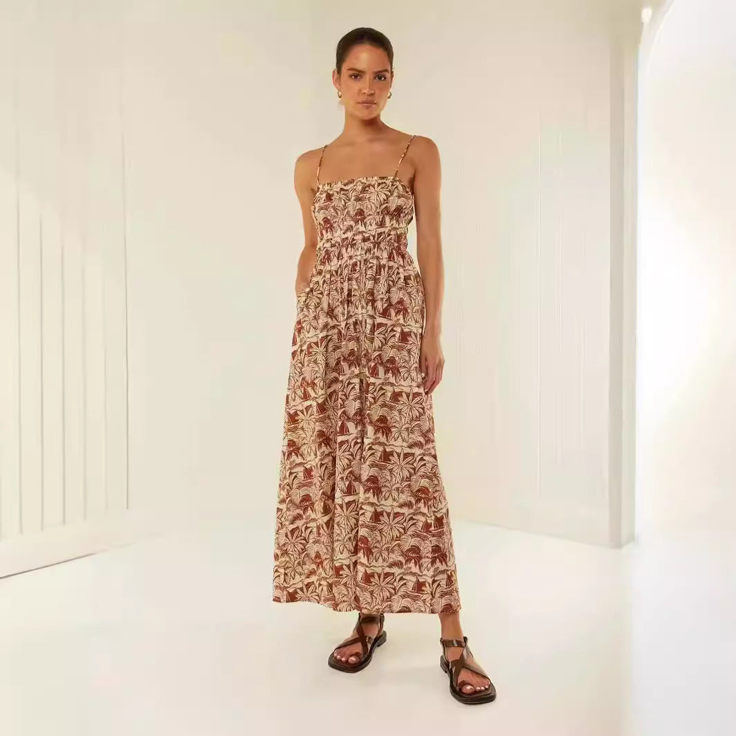 Robe longue femme – Épaules dénudées – Bretelles fines – Coupe fluide – Haut froncé