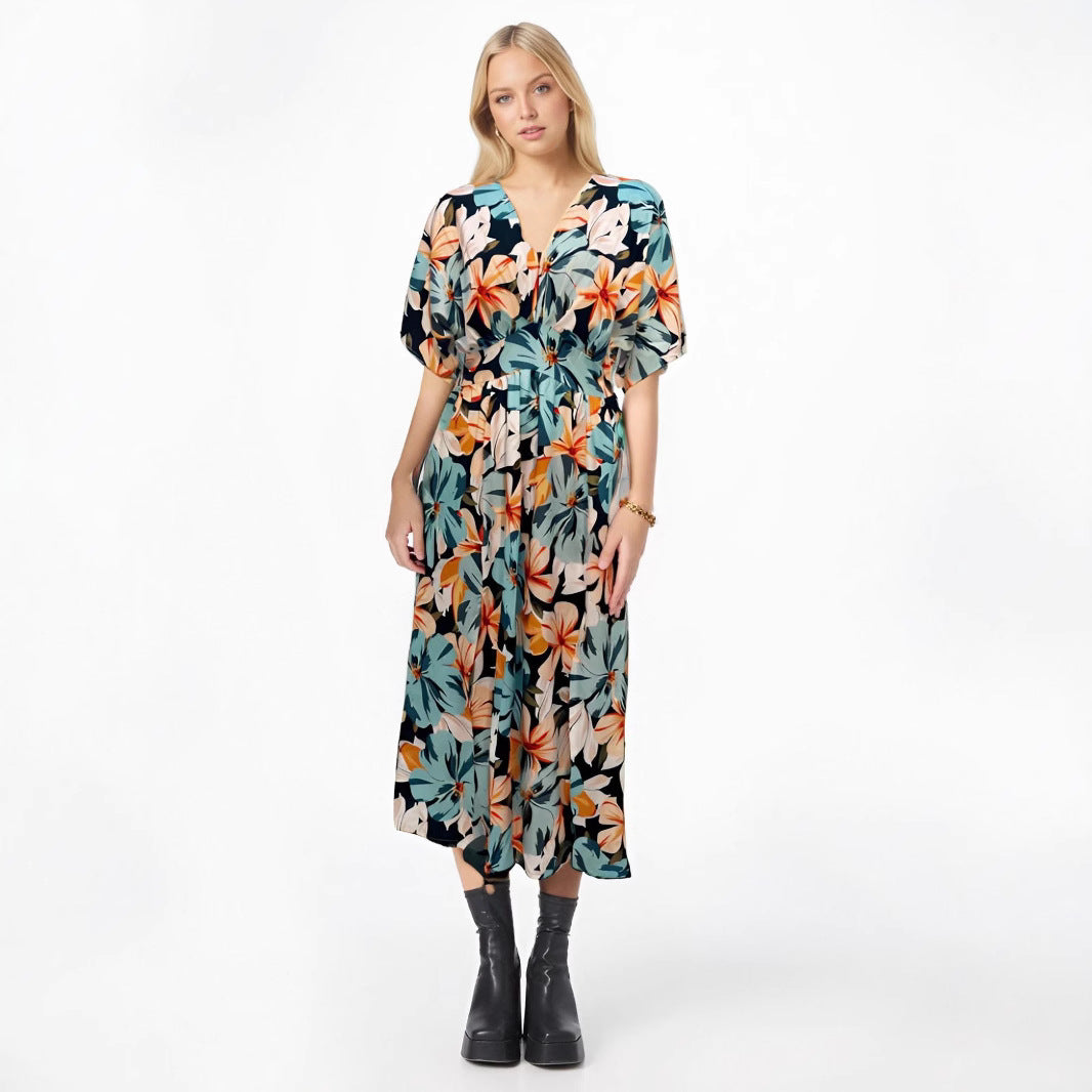 Robe femme midi – Taille haute – Manches courtes larges – Col en V – Fendue imprimée