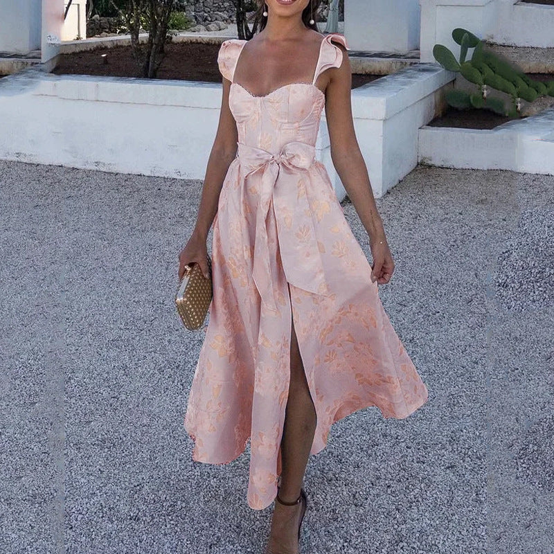 Robe longue femme – coton léger – imprimé fleuri – décolleté cœur – bretelles à nouer