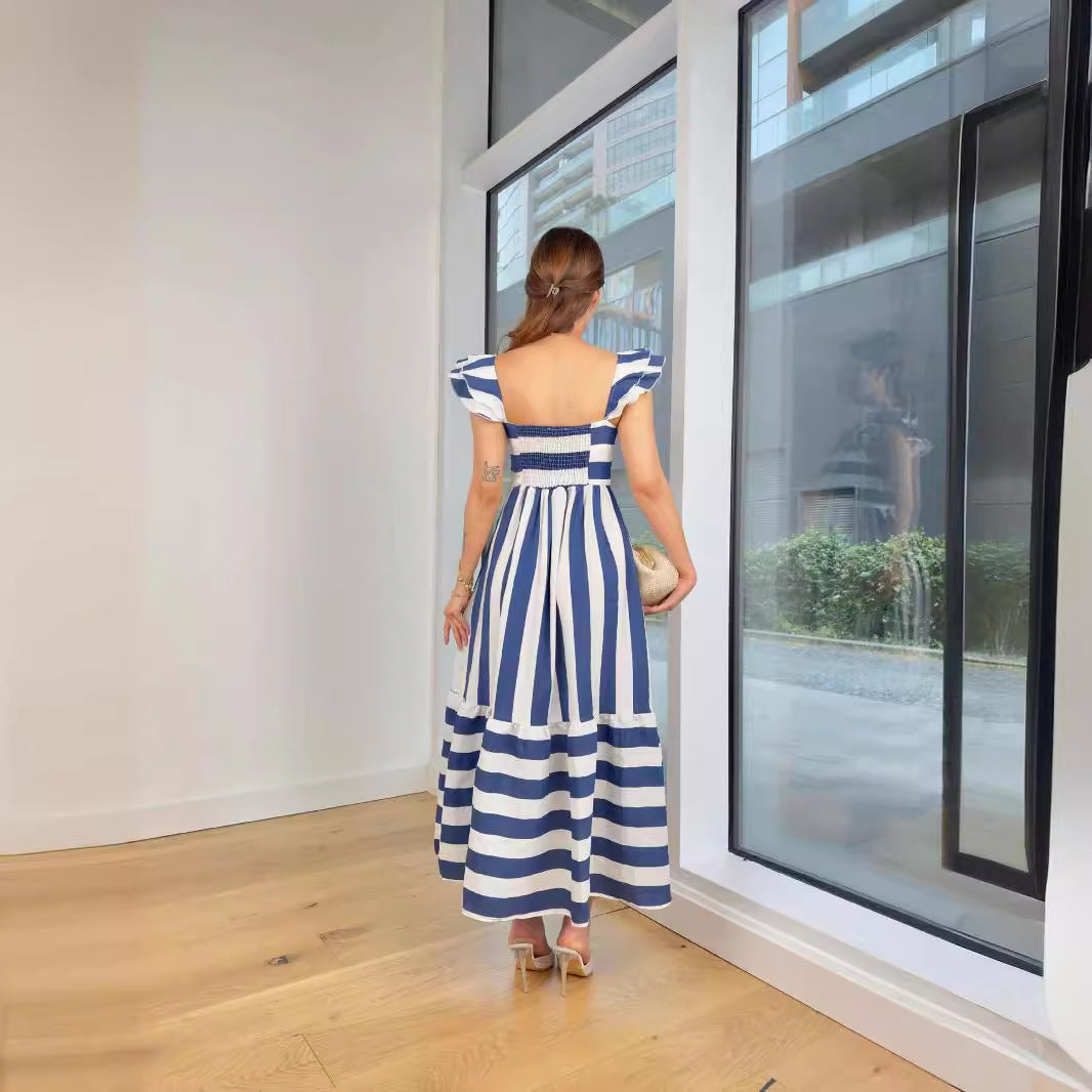 Robe midi femme – Épaules dénudées – Coton mélangé – Coupe fluide – Rayures – Manches volantées