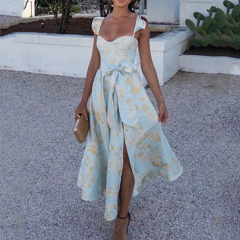 Robe longue femme – coton léger – imprimé fleuri – décolleté cœur – bretelles à nouer