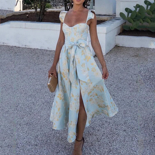 Robe longue femme – coton léger – imprimé fleuri – décolleté cœur – bretelles à nouer