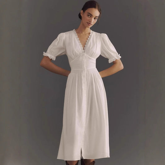 Robe midi femme – Taille cintrée – Manches bouffantes – Col en V dentelle – Boutonnée