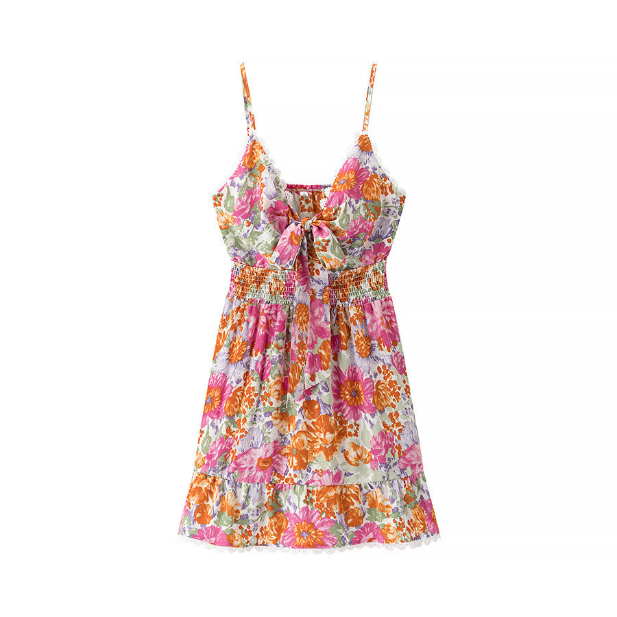 Robe Mini Femme – Coupe Évasée – Bretelles Fines – Dos Noué – Imprimé Fleuri