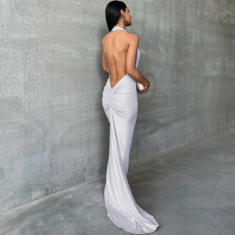 Robe Longue Femme – Satin Fluide – Dos Nu – Décolleté Plongeant – Coupe Ajustée