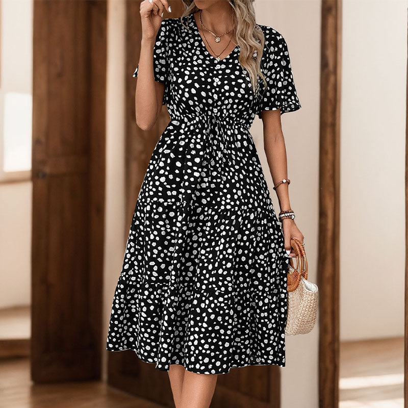 Robe midi femme – Coupe évasée confortable – Manches bouffantes – Boutonnée – Motif à pois