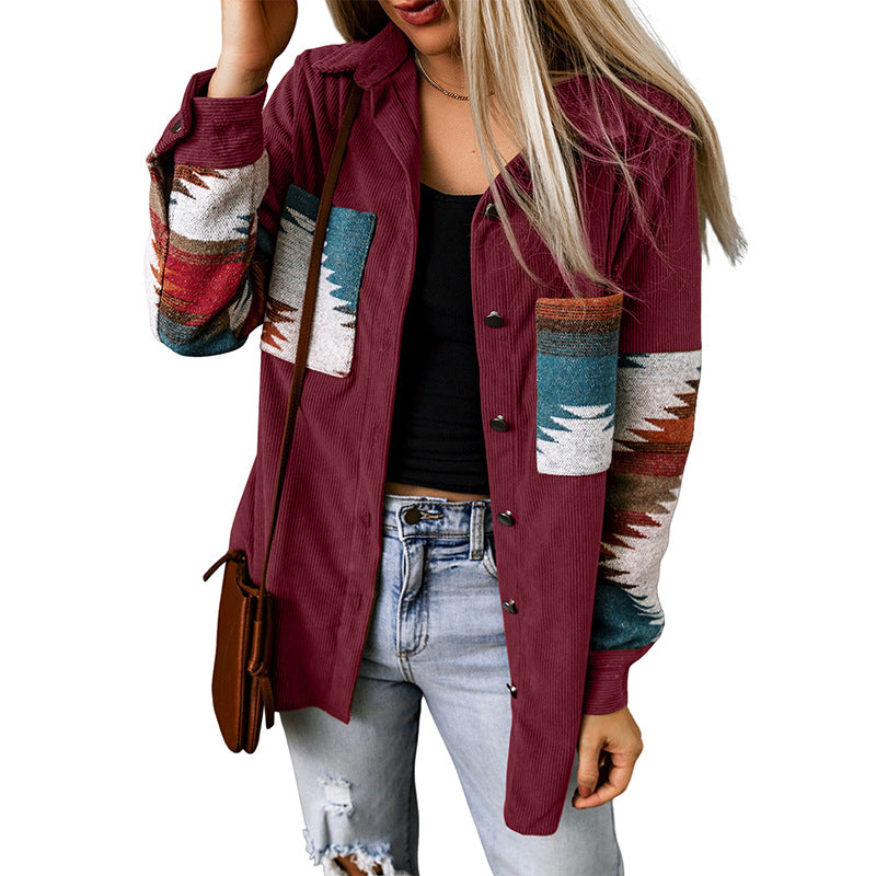 Veste cardigan femme – Coupe décontractée – Motif aztèque – Boutonnée – En velours côtelé
