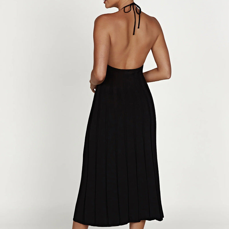 Robe midi femme – Maille côtelée – Coupe ajustée – Col halter – Jupe plissée