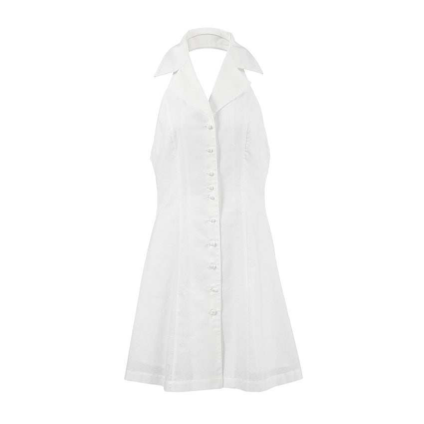 Robe femme – Col halter – Décolleté en V – Lin léger – Coupe évasée – Mini