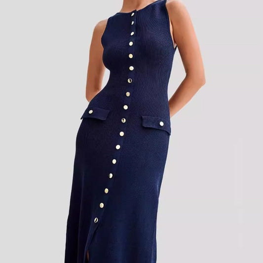 Robe femme sans manches – Maille fine – Coupe ajustée – Boutons devant – Poches décoratives