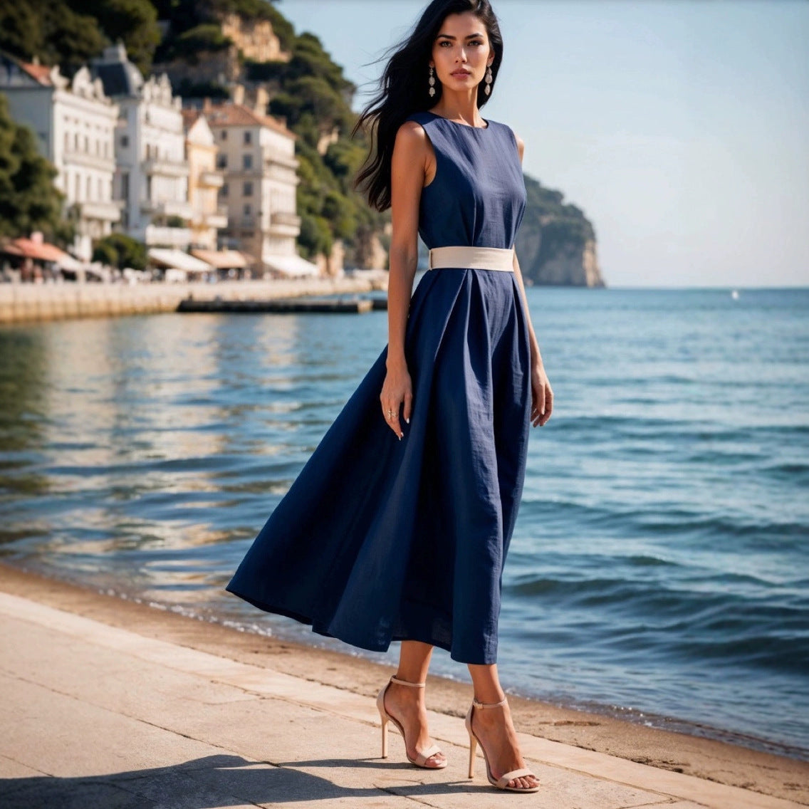 Robe midi femme – Sans manches – Coupe évasée – Taille ceinturée – Fibres naturelles