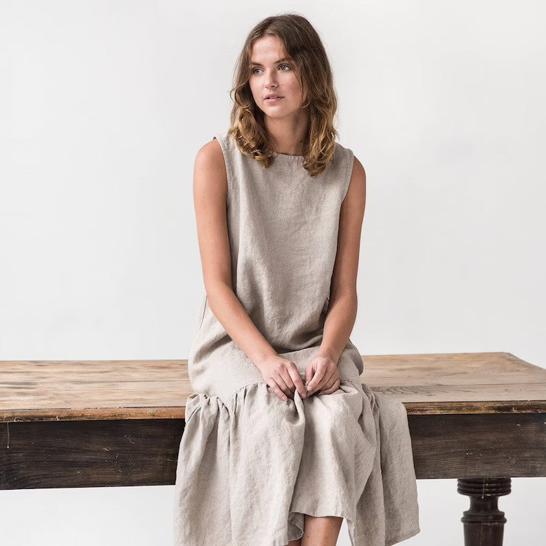 Robe midi femme sans manches – Coupe ample – Mélange de lin – Ourlet volanté