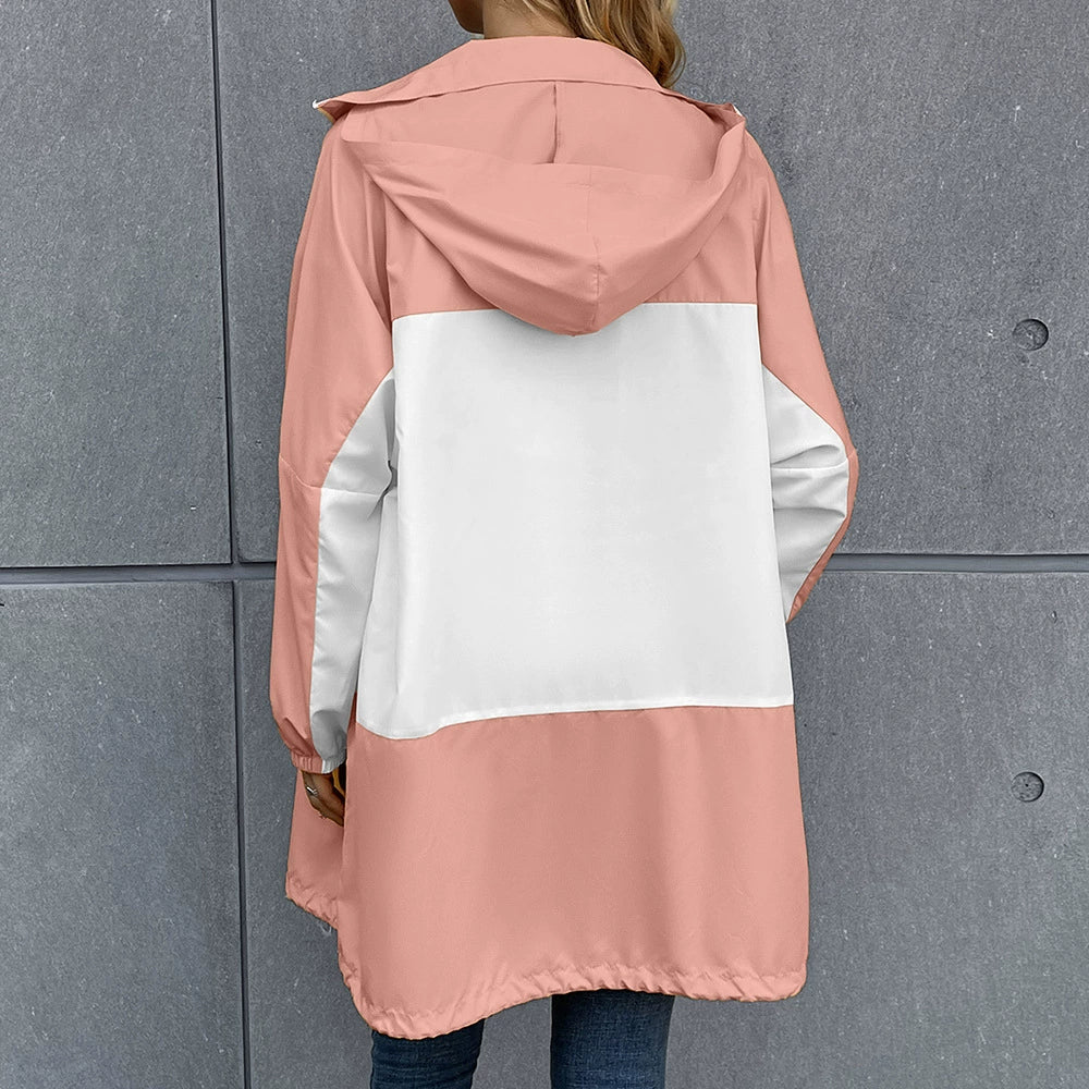 Veste imperméable femme – Coupe décontractée – Mi-longue – Capuche – Colorblock