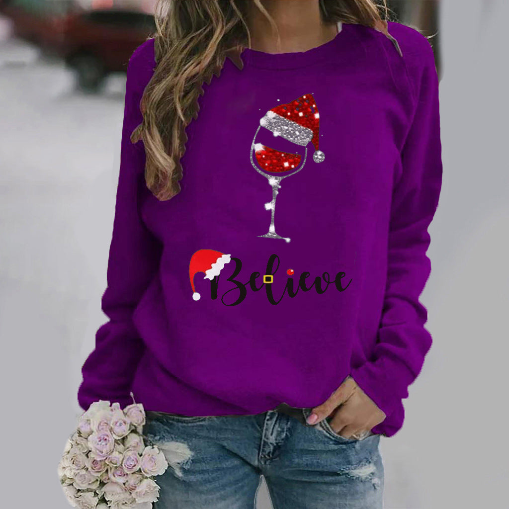 Sweatshirt femme – Coupe décontractée – Coton doux – Col rond – Manches longues imprimé festif