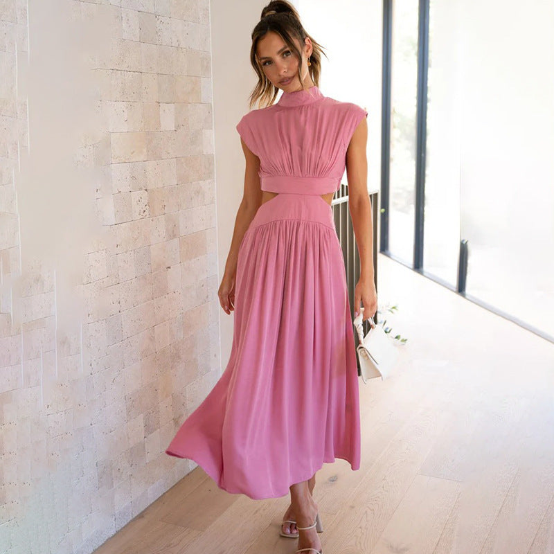 Robe midi femme – Coupe élégante – Taille cintrée – Buste plissé – Mancherons – Détail découpes