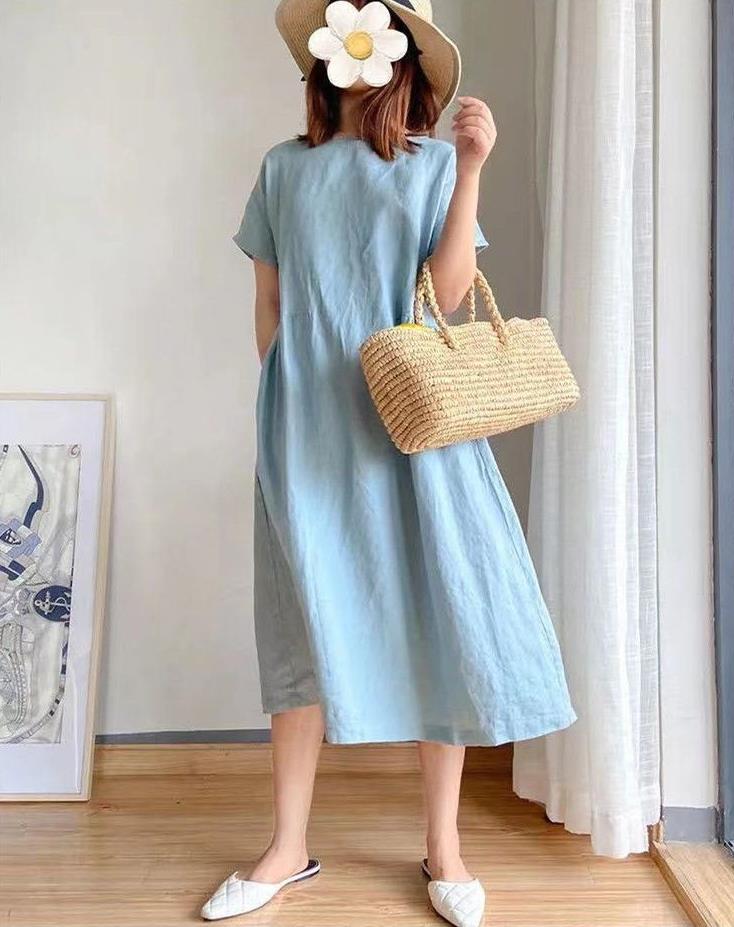 Robe midi femme – Coupe ample – Coton léger – Manches courtes – Col rond – Poches