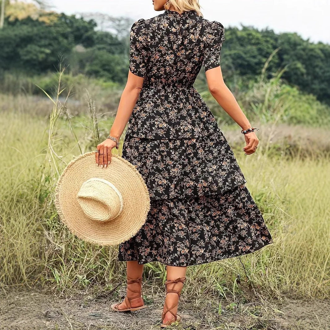 Robe midi femme – Coupe fluide – Imprimé fleuri – Manches bouffantes – Taille marquée