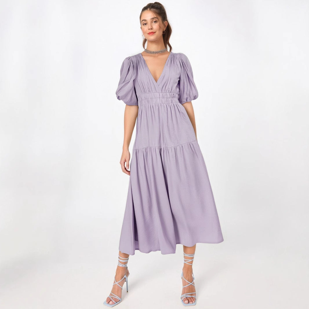 Robe midi femme – Taille cintrée – Manches bouffantes – Décolleté en V – Jupe fluide à volants