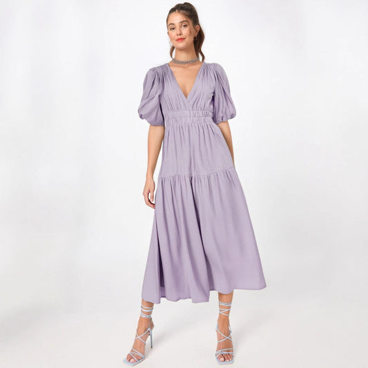 Robe midi femme – Taille cintrée – Manches bouffantes – Décolleté en V – Jupe fluide à volants