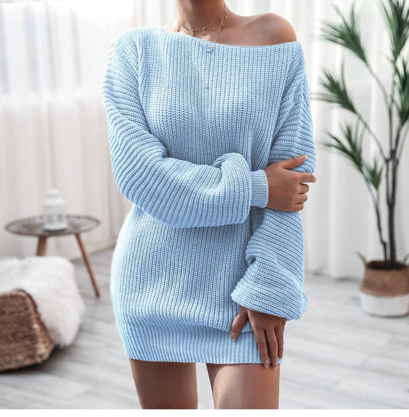 Robe Pull Femme – Épaules Dénudées – Maille Douce – Manches Bouffantes – Coupe Ample