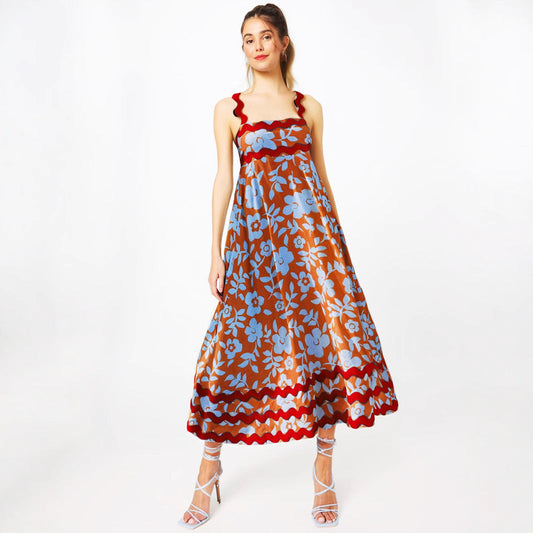 Robe longue femme – Coupe fluide – Bretelles fines – Imprimé floral – Finition ondulée