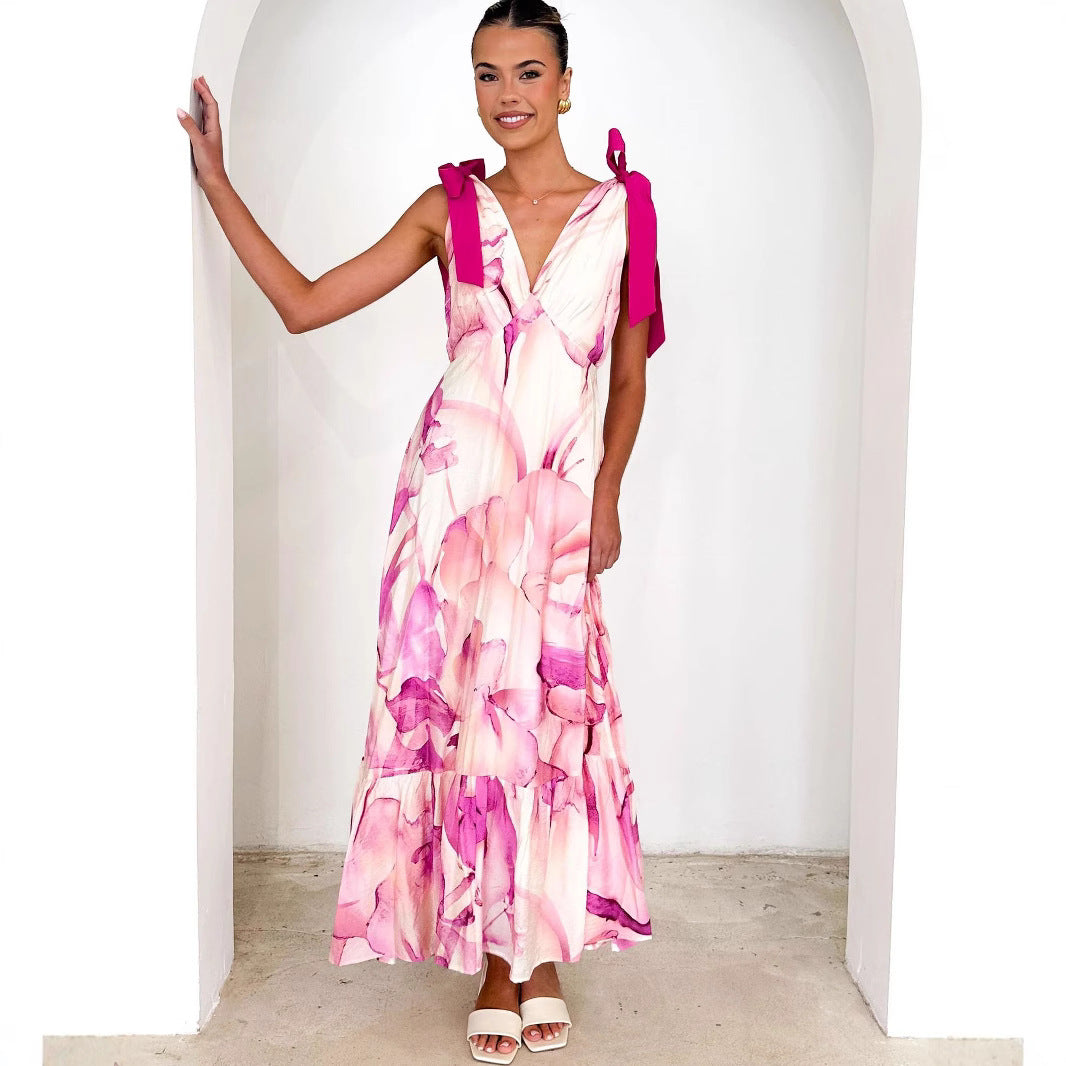 Robe longue femme – Sans manches – Décolleté en V – Bretelles nouées – Coupe fluide