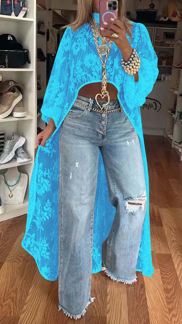 Robe longue femme – Voile floral transparent – Coupe fluide élégante – Manches amples