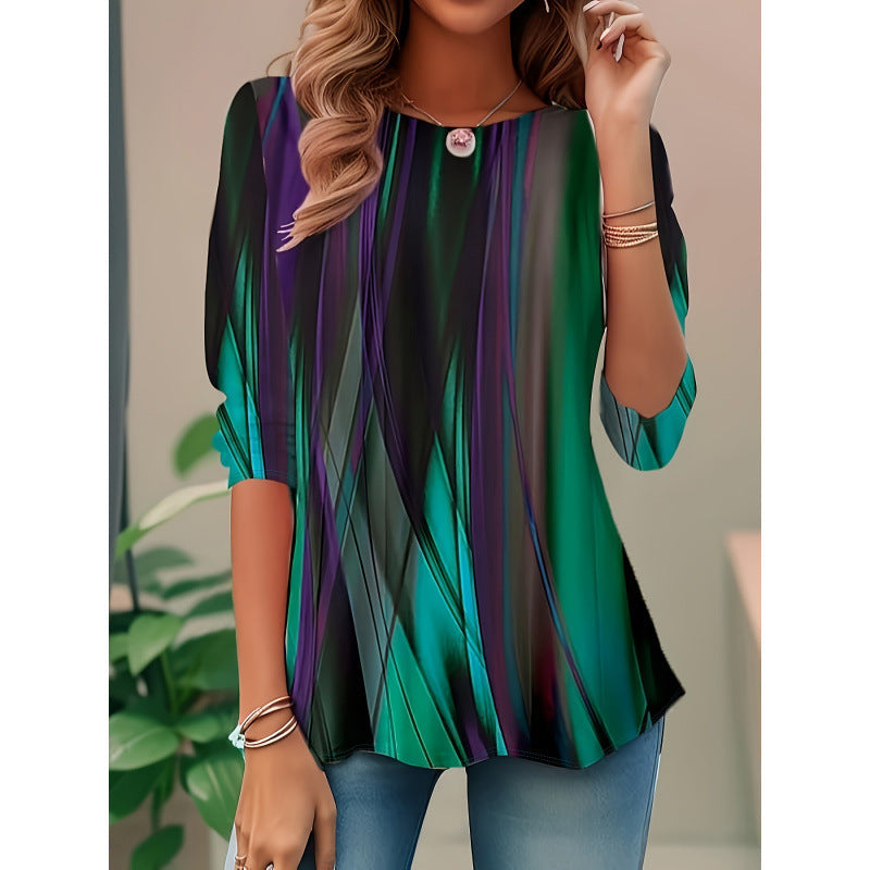 Blouse femme – Coupe ample – Imprimé abstrait – Manches 3/4 – Tissu léger respirant