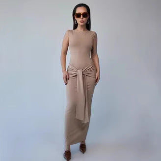 Robe moulante femme – Coupe ajustée – Longueur maxi – Sans manches – Ceinture taille