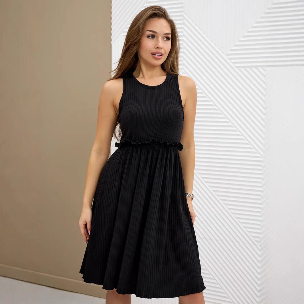 Robe midi femme – Sans manches – Coupe évasée – Col en V – Boutonnage – Ceinture