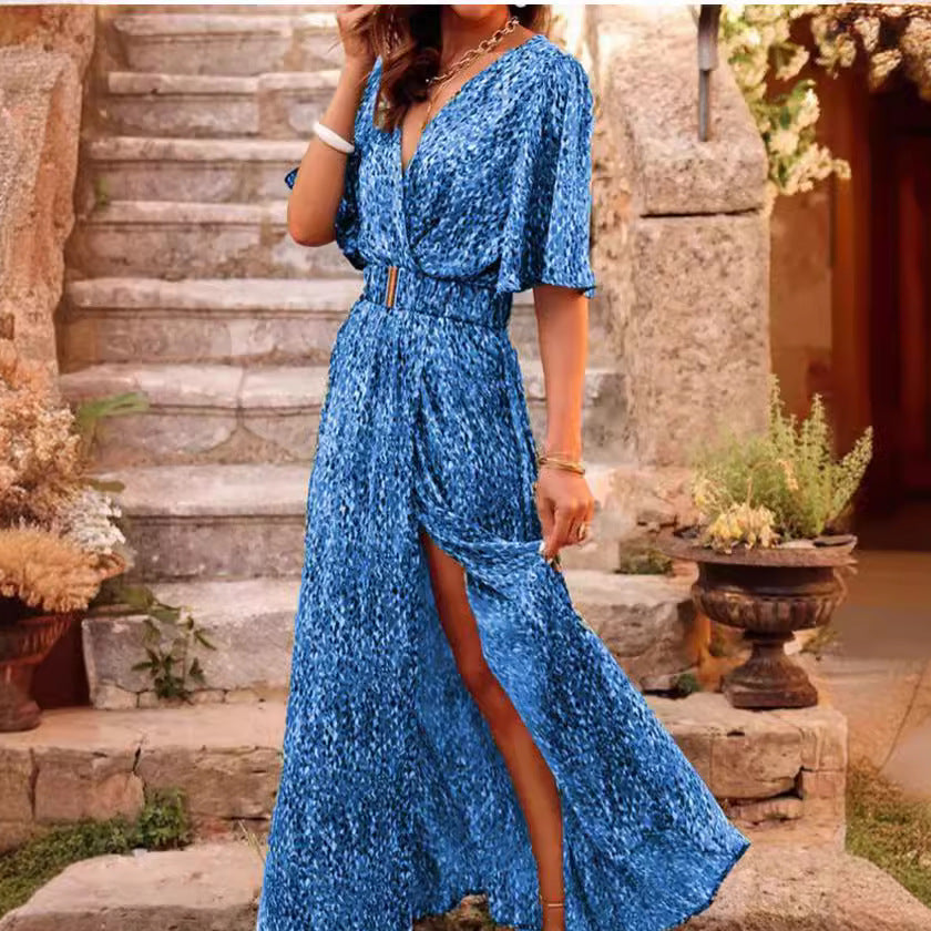 Robe longue femme – Style portefeuille – Ceinture à la taille – Manches courtes fluide