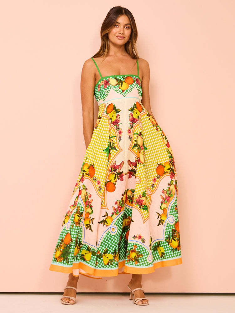 Robe midi femme – Bretelles fines – Corsage smocké – Coupe évasée fluide