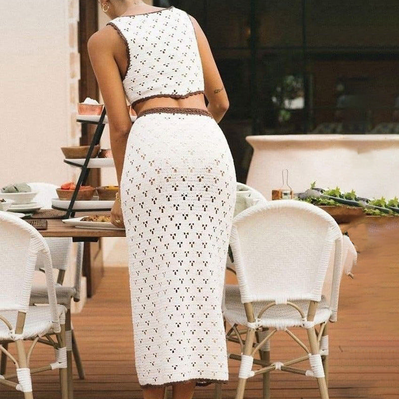 Ensemble Femme Robe Longue Maille – Coupe Slim – Crop Top Sans Manches – Détail Dentelle