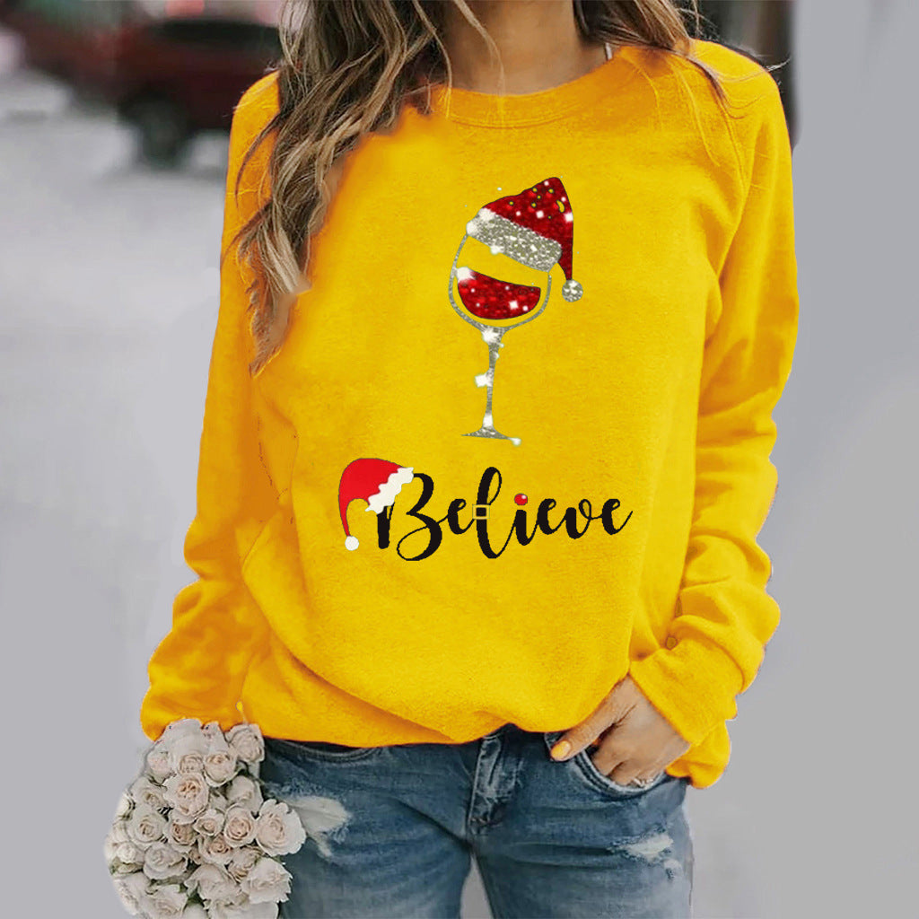 Sweatshirt femme – Coupe décontractée – Coton doux – Col rond – Manches longues imprimé festif